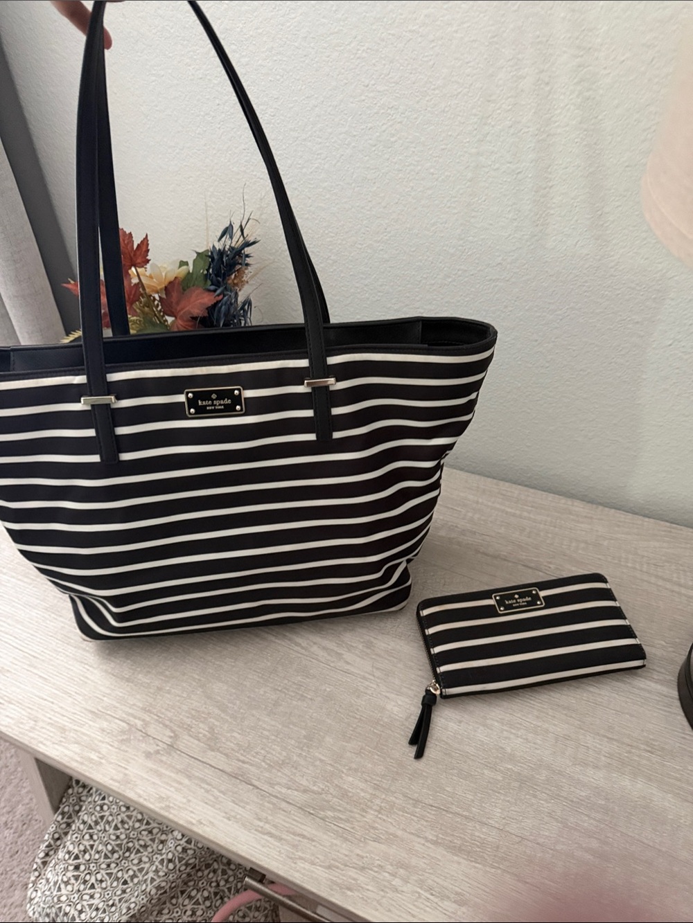 kate spade Black and White Striped Tote with Matching Wristlet